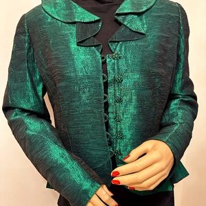 Frascara Fancy Sequin buttons Peacock Green Jacquard silk jacket Size 8